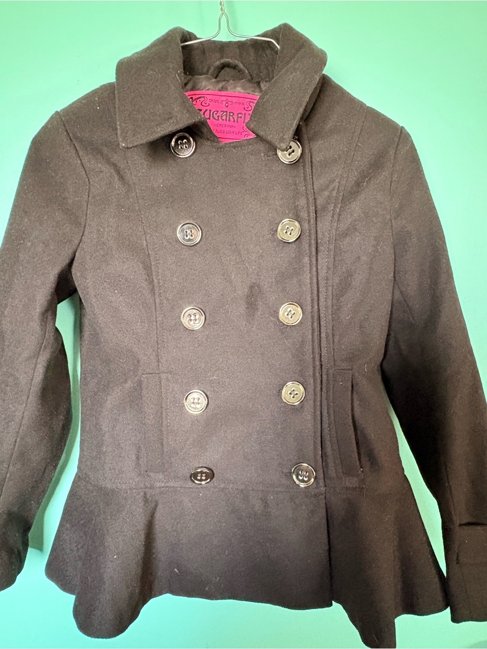 Sugarfly Black Double-Breasted Peplum Pea Coat